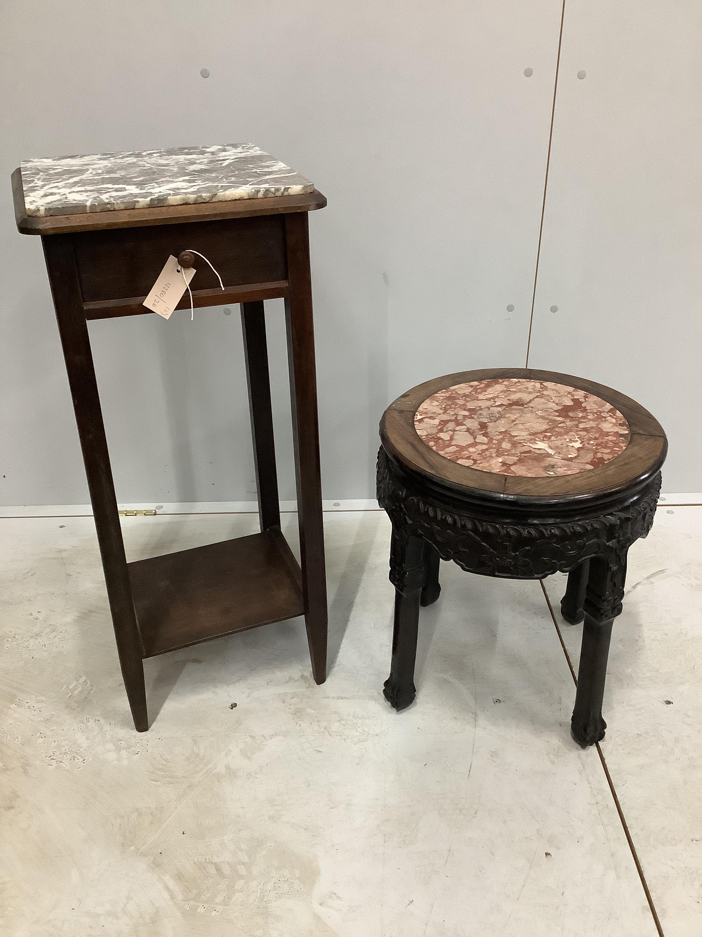 A Chinese circular rouge marble and hongmu jardiniere stand (losses), diameter 41cm, height 48cm together with a marble top mahogany two tier table